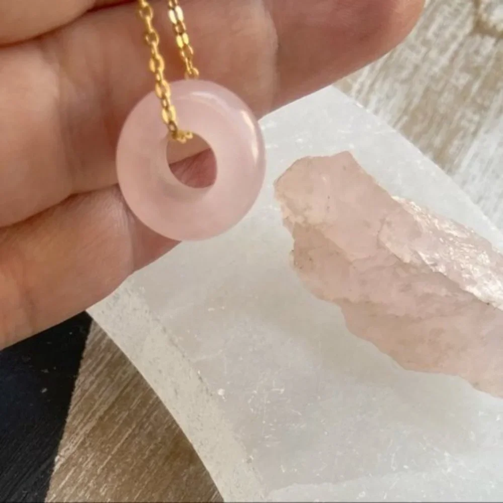 Pink Quartz  donut/worry stone Vermeil gold dainty necklace/ heart chakra